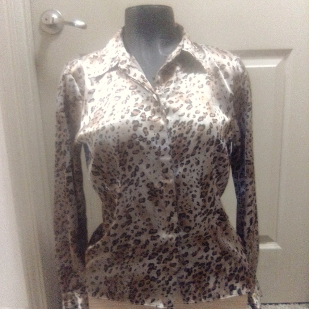 Rafaella, Petites, animal print,  button down, blouse.